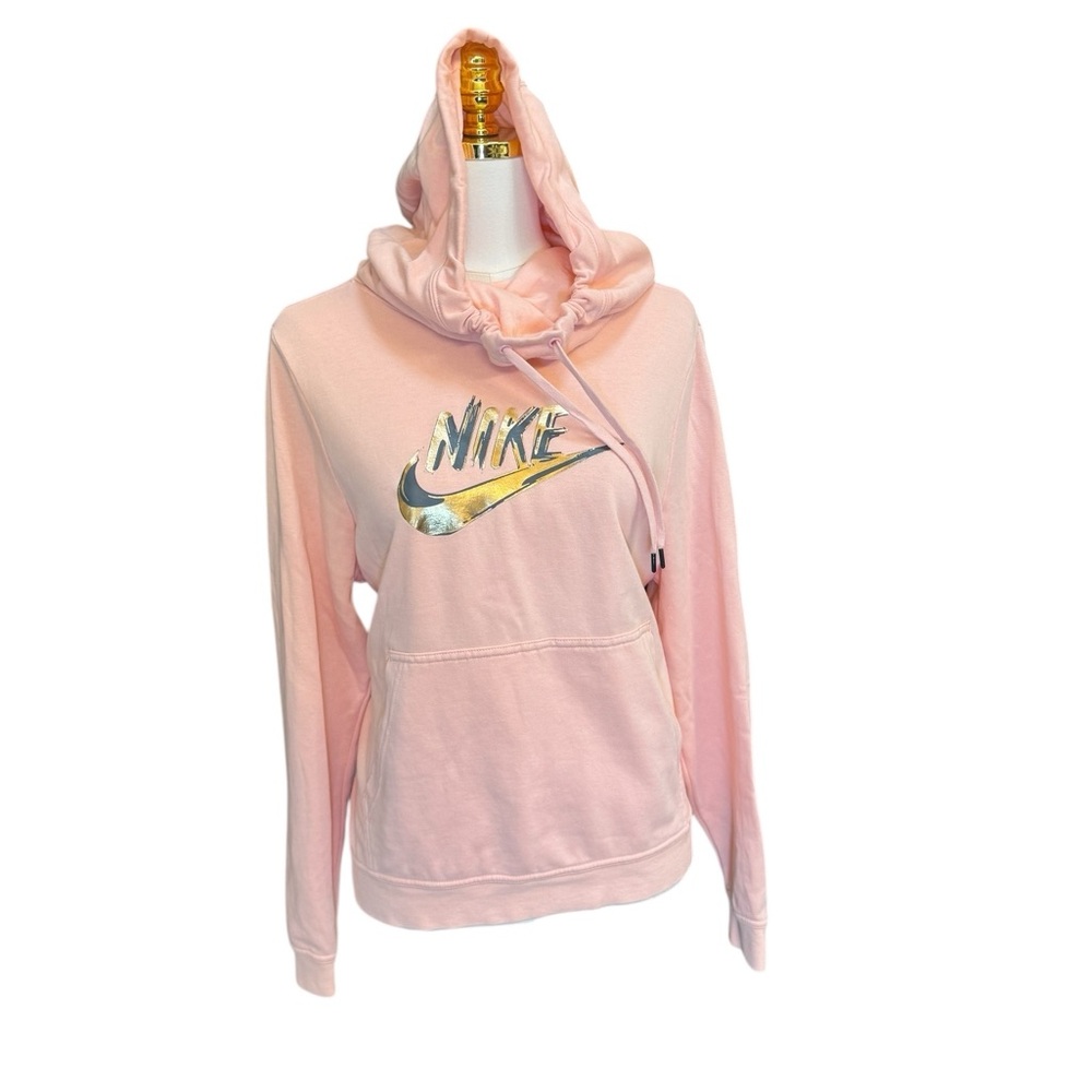 Nike Metallic Logo Pullover Hoodie Pink Peach Blush Size L